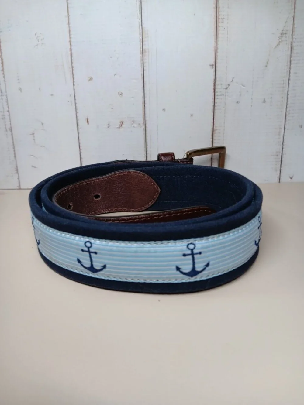Preppy Belt with Nautical Anchors Canvas & Leather 34